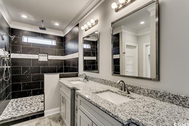 1104 Maccoa Dr, Conway, SC 29526 - bathroom with ornamental molding, walk in shower, double vanity, and a sink