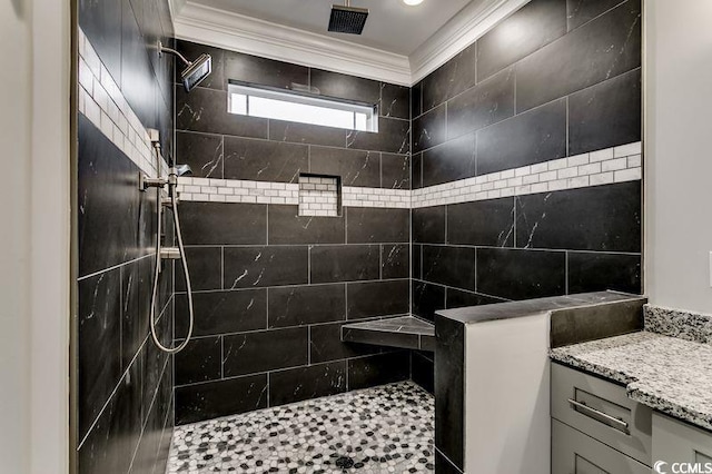 1104 Maccoa Dr, Conway, SC 29526 - bathroom featuring crown molding, tiled shower, and vanity