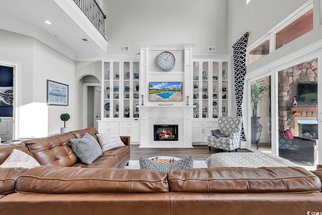 living room with wood-type flooring and a high ceiling