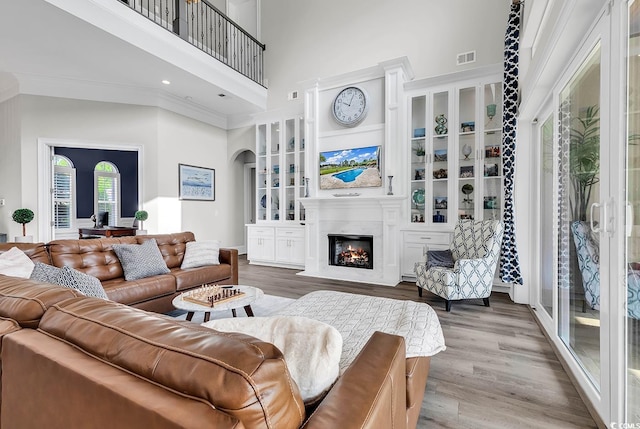 living room with wood-type flooring, crown molding, a towering ceiling, and a premium fireplace