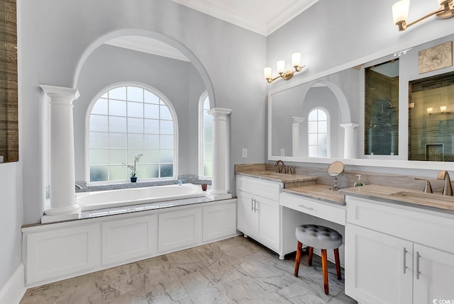 bathroom with ornamental molding, shower with separate bathtub, decorative columns, and vanity