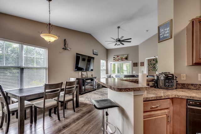 kitchen with hardwood / wood-style flooring, vaulted ceiling, a kitchen bar, hanging light fixtures, and ceiling fan