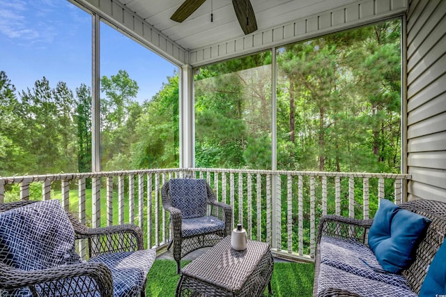 sunroom with wooden ceiling and ceiling fan