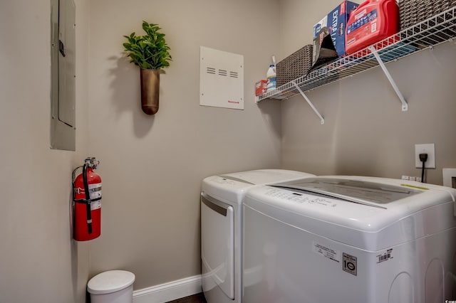 washroom featuring electric panel and washing machine and clothes dryer