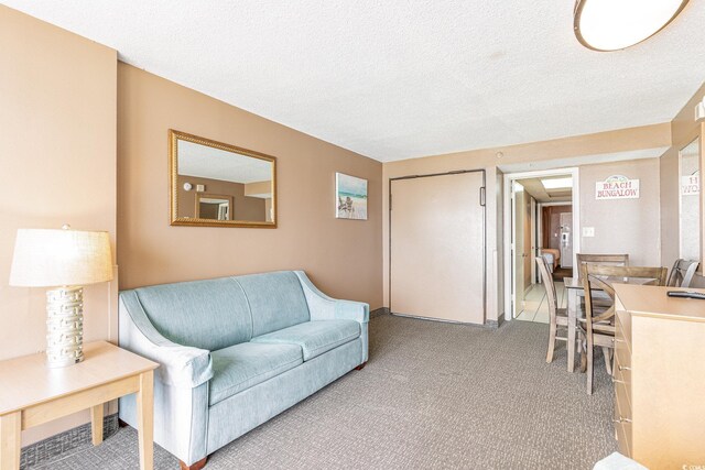 living room featuring a textured ceiling and carpet flooring