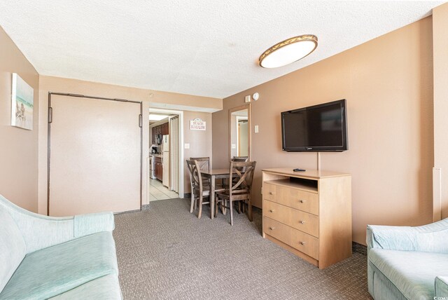 interior space with a textured ceiling and light colored carpet