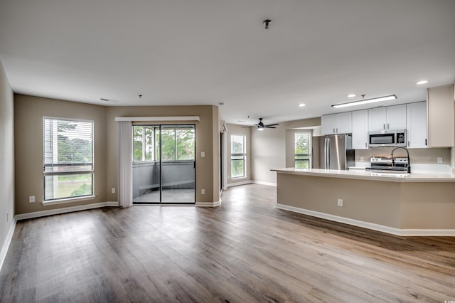 kitchen with light hardwood / wood-style floors, white cabinets, stainless steel appliances, and plenty of natural light