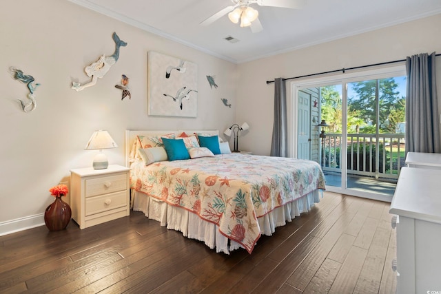 1100 Commons Blvd Unit 104, Myrtle Beach, SC 29572 - bedroom featuring access to exterior, dark wood finished floors, crown molding, and a ceiling fan