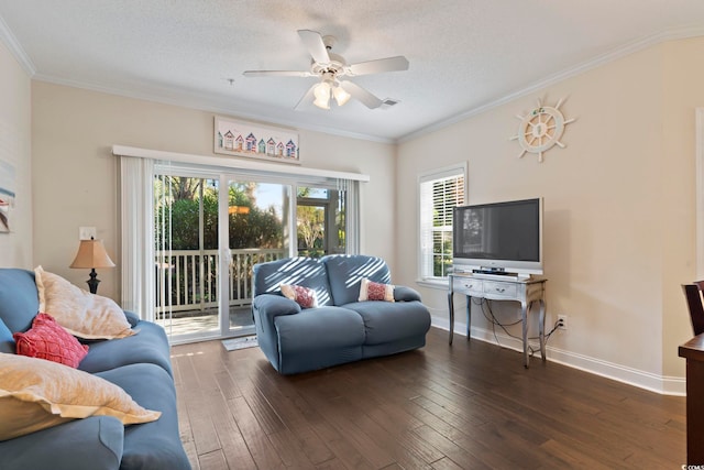 1100 Commons Blvd Unit 104, Myrtle Beach, SC 29572 - living room featuring hardwood / wood-style floors, ceiling fan, a textured ceiling, and crown molding