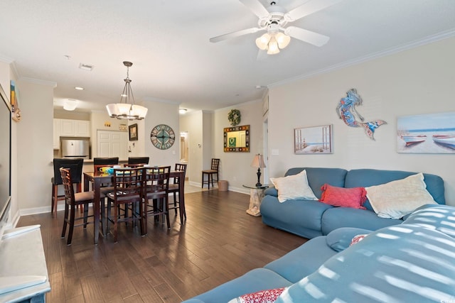 1100 Commons Blvd Unit 104, Myrtle Beach, SC 29572 - living room featuring crown molding, dark wood-style flooring, and ceiling fan