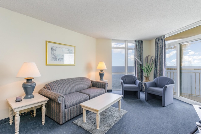 carpeted living room featuring a water view, a textured ceiling, and a wall of windows