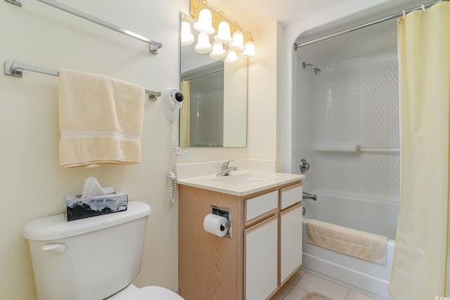 full bathroom featuring shower / bath combination with curtain, tile patterned flooring, vanity, and toilet