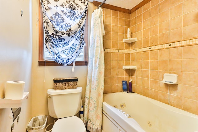 bathroom featuring toilet and shower / bathtub combination with curtain