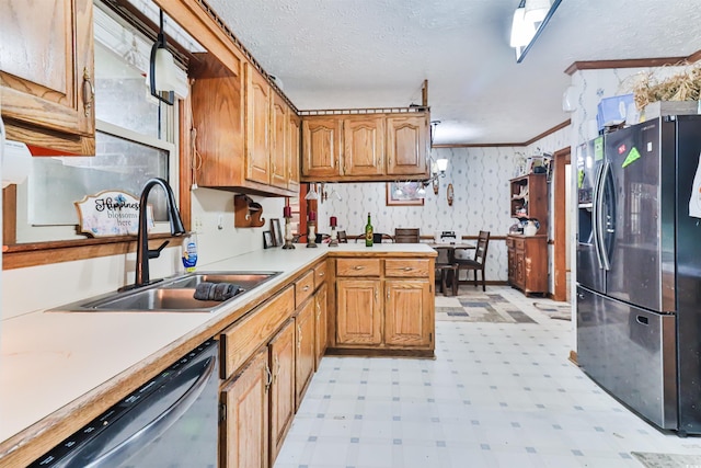 kitchen with a textured ceiling, fridge with ice dispenser, stainless steel dishwasher, ornamental molding, and sink