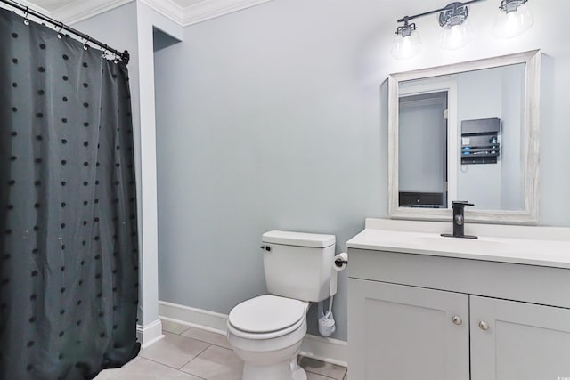 bathroom featuring a shower with shower curtain, tile patterned floors, crown molding, vanity, and toilet