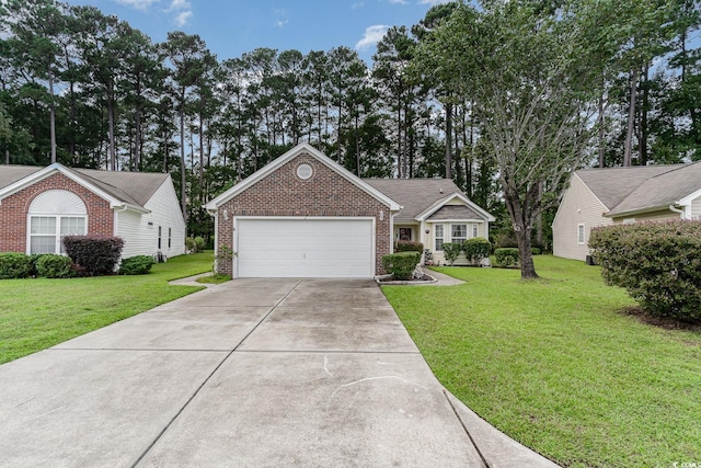 single story home with a garage and a front lawn