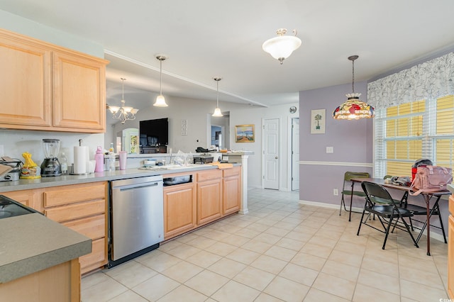 kitchen featuring hanging light fixtures, dishwasher, and light brown cabinets