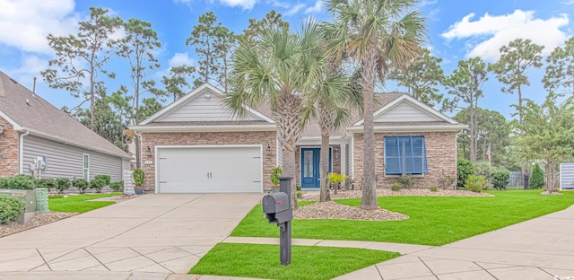 craftsman inspired home with a garage and a front lawn