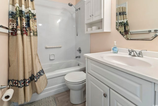 full bathroom with shower / bathtub combination with curtain, wood-type flooring, vanity, and toilet