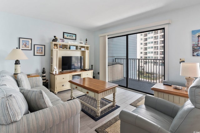 living room with light hardwood / wood-style flooring