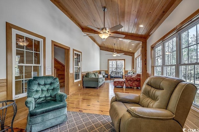 living room featuring wooden ceiling, wood-type flooring, ceiling fan, and high vaulted ceiling