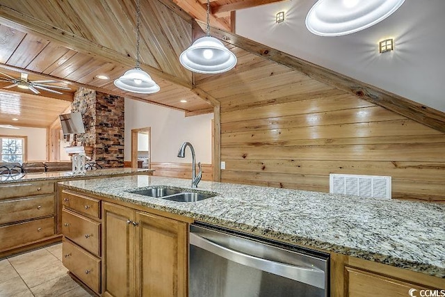 kitchen with ceiling fan, sink, stainless steel dishwasher, decorative light fixtures, and wooden ceiling