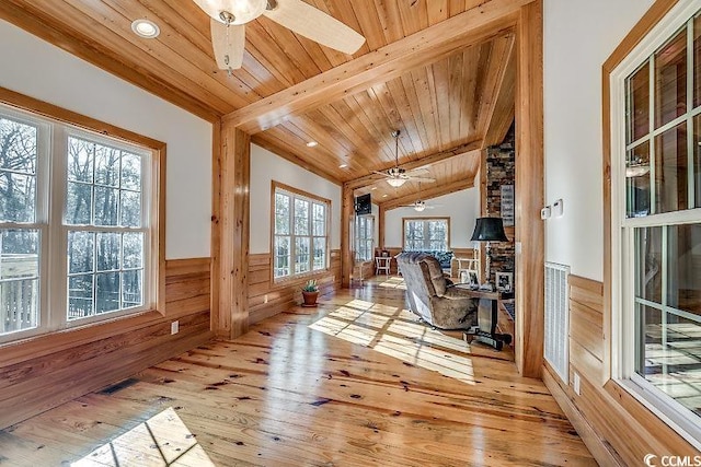 sunroom / solarium featuring ceiling fan, lofted ceiling with beams, wooden ceiling, and a wealth of natural light