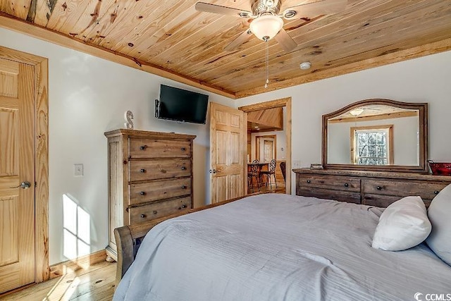 bedroom featuring ceiling fan, light hardwood / wood-style flooring, and wooden ceiling