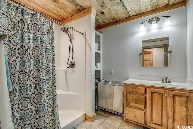 bathroom with wood ceiling, vanity, tile patterned flooring, and a shower with curtain