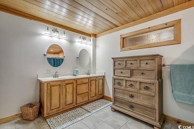 bathroom featuring wood ceiling, vanity, and tile patterned flooring