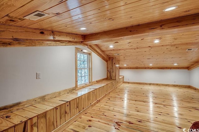 additional living space featuring wooden ceiling, light hardwood / wood-style floors, and lofted ceiling