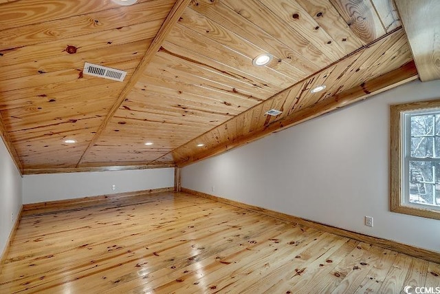 additional living space with wooden ceiling, lofted ceiling, and hardwood / wood-style floors