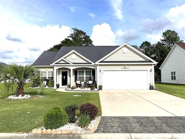 ranch-style house featuring covered porch, concrete driveway, a front lawn, and an attached garage