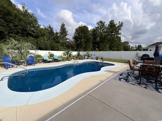 view of pool featuring a patio area, a fenced backyard, and a fenced in pool