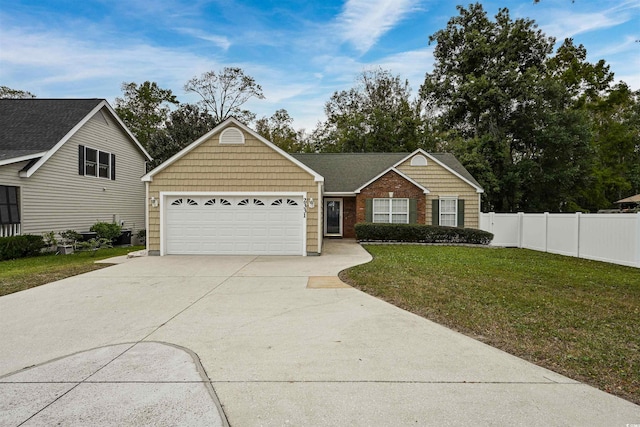 single story home with a front lawn and a garage