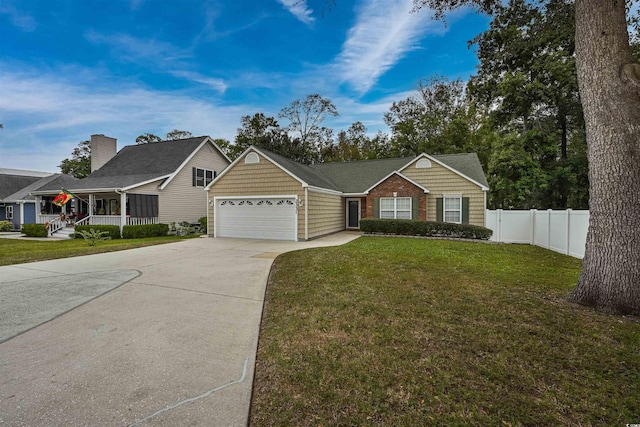 single story home with a front lawn, a porch, and a garage