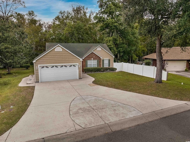 ranch-style home featuring a front lawn and a garage