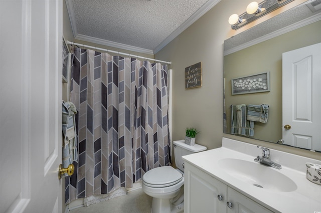 bathroom with vanity, a textured ceiling, a shower with curtain, crown molding, and toilet