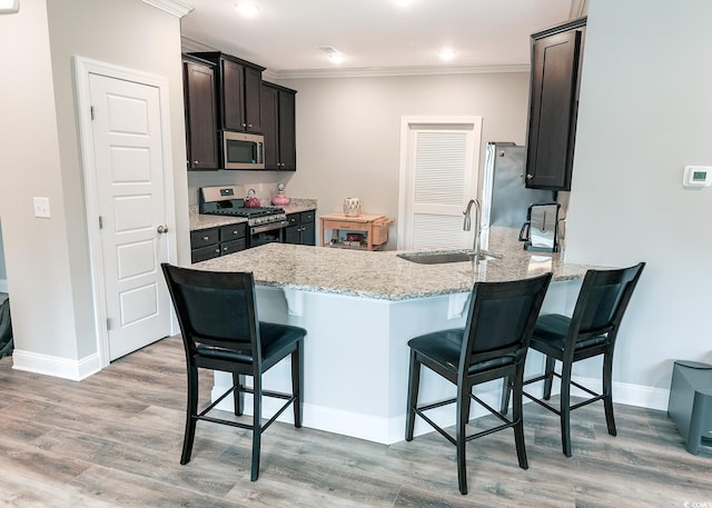 949 Jackline Pl Unit 103, Murrells Inlet, SC 29576 - kitchen featuring stainless steel appliances, ornamental molding, a sink, a peninsula, and light stone counters