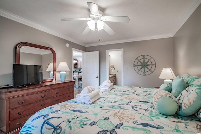 bedroom featuring ceiling fan, ensuite bath, and ornamental molding