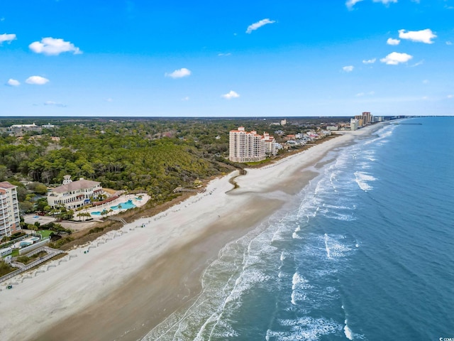 bird's eye view with a beach view and a water view