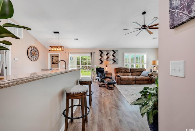 living room with a healthy amount of sunlight, ceiling fan, and light hardwood / wood-style flooring