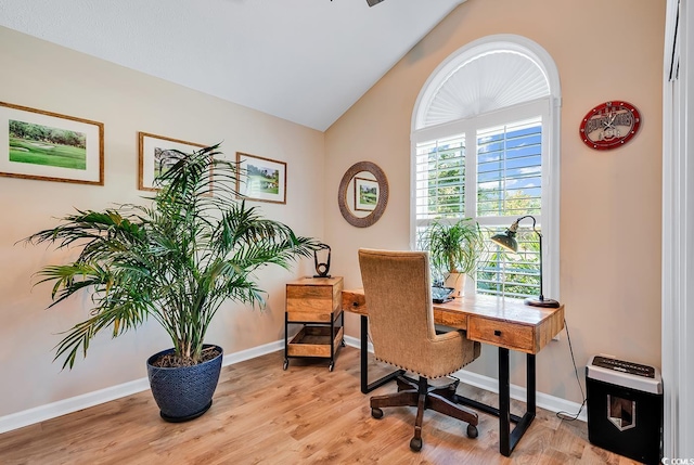 3154 Shorecrest Bay Dr, Murrells Inlet, SC 29576 - office area featuring baseboards, lofted ceiling, and light wood-type flooring