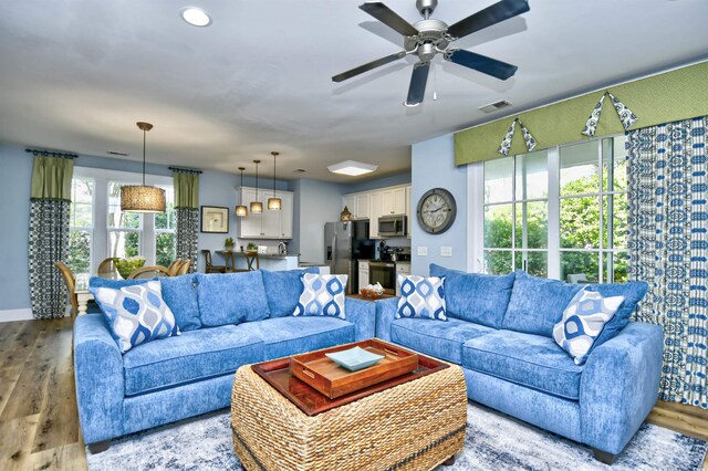 4808 Cantor Ct, North Myrtle Beach, SC 29582 - living room featuring wood finished floors, a ceiling fan, recessed lighting, and baseboards