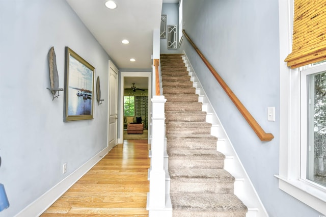 staircase with hardwood / wood-style floors