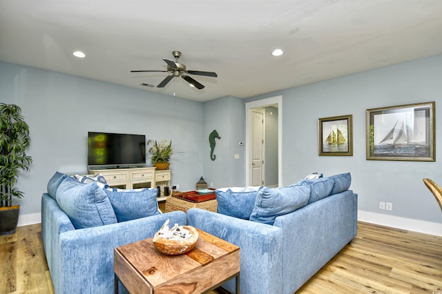 4808 Cantor Ct, North Myrtle Beach, SC 29582 - living room featuring light wood-style flooring, a ceiling fan, recessed lighting, and baseboards