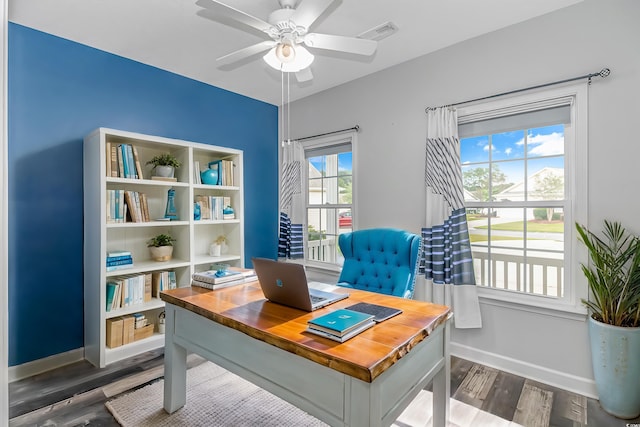 office with hardwood / wood-style flooring, plenty of natural light, and ceiling fan