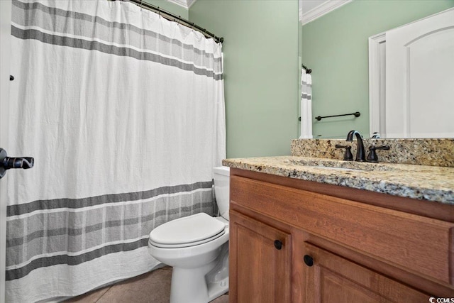 bathroom featuring walk in shower, ornamental molding, vanity, and toilet