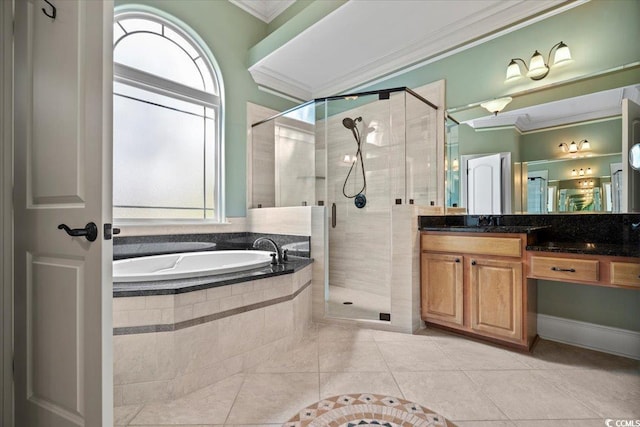 bathroom featuring tile patterned floors, independent shower and bath, vanity, and crown molding