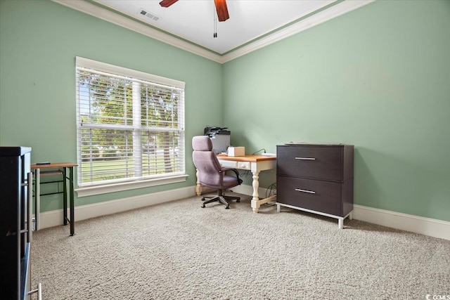 carpeted office with ceiling fan and ornamental molding